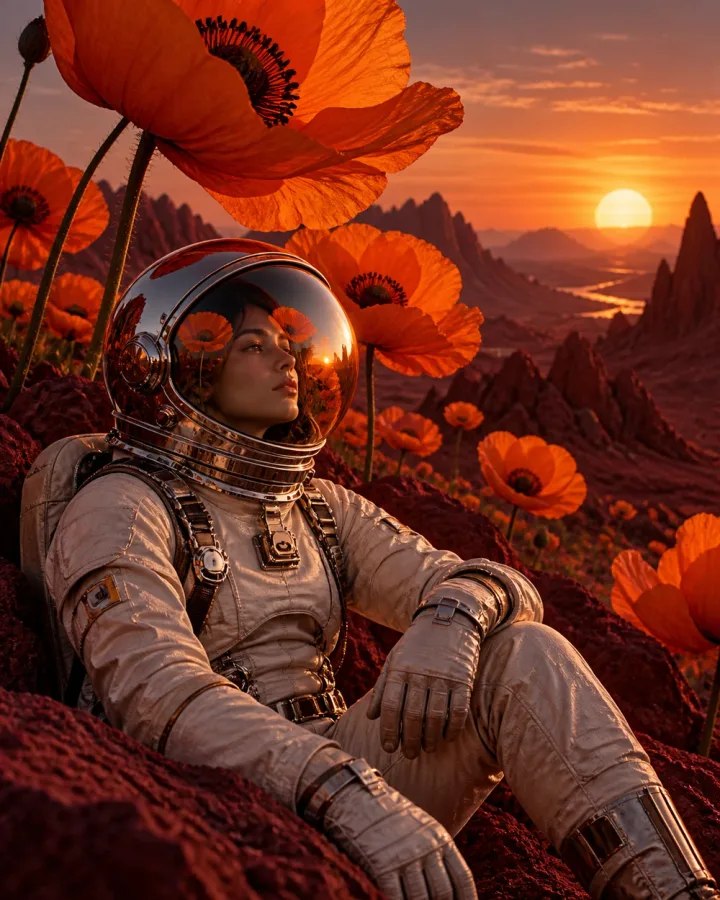 Surreal astronaut in a field of poppies