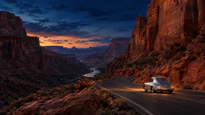 Silver car on a winding desert road