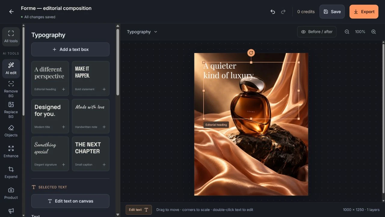 The real Photopol image editor showing an amber perfume design with editable typography, layers and canvas controls