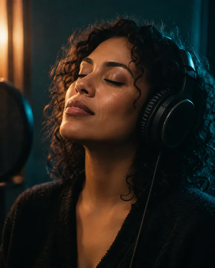 A woman listening in a recording studio